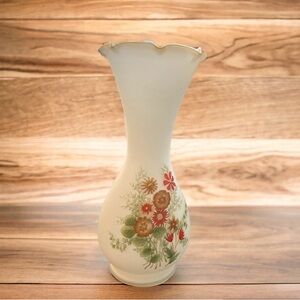 Vintage Satin Milk Glass Floral Vase Elegant White with Multicolor Design Japan